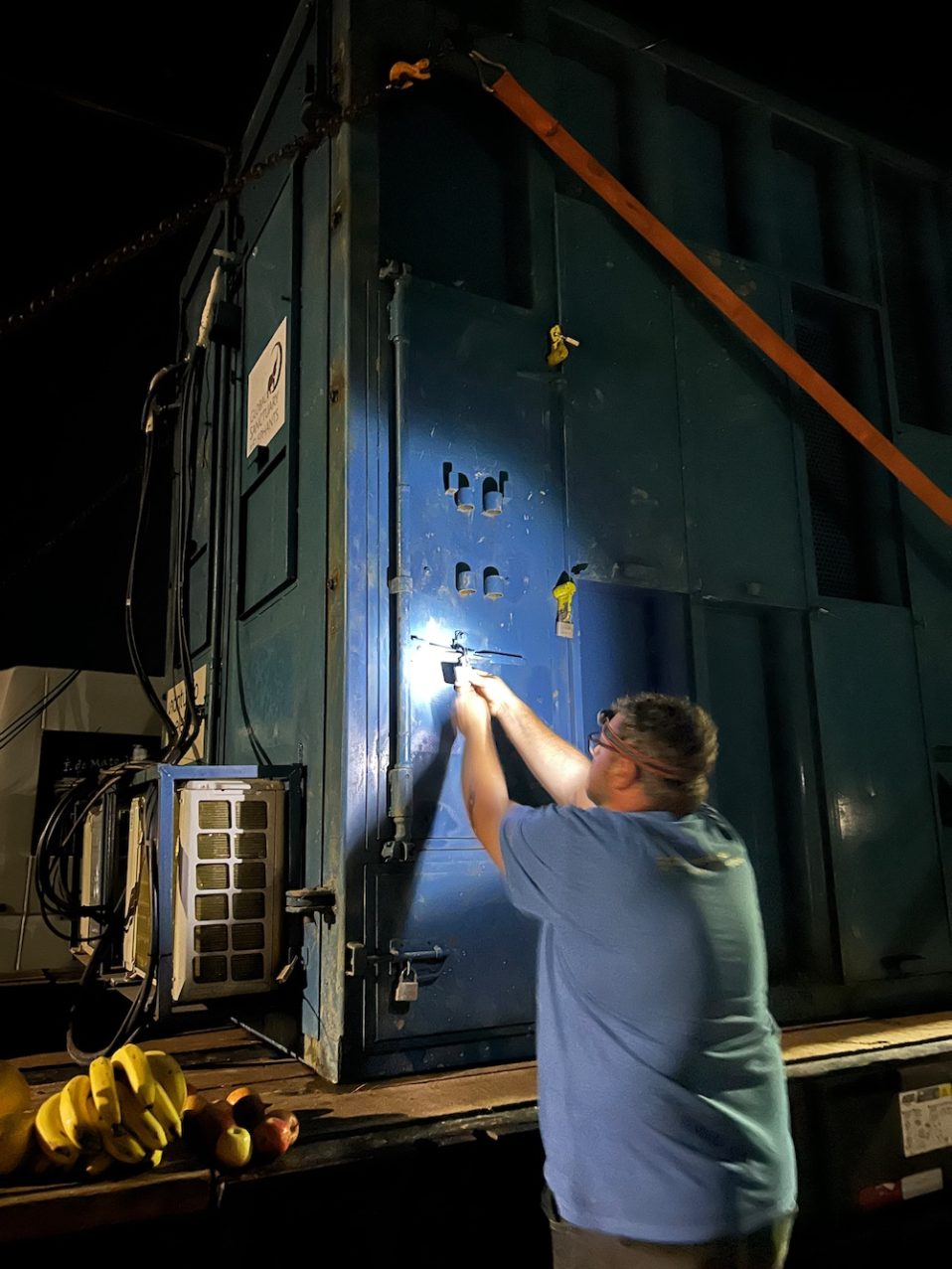 Lead veterinarian Mateus closes the door to male Asian elephant Sandro's transport crate